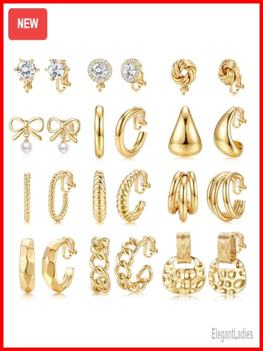 16K Gold Plated Clip-On Hoop Stud Earrings Set for Women